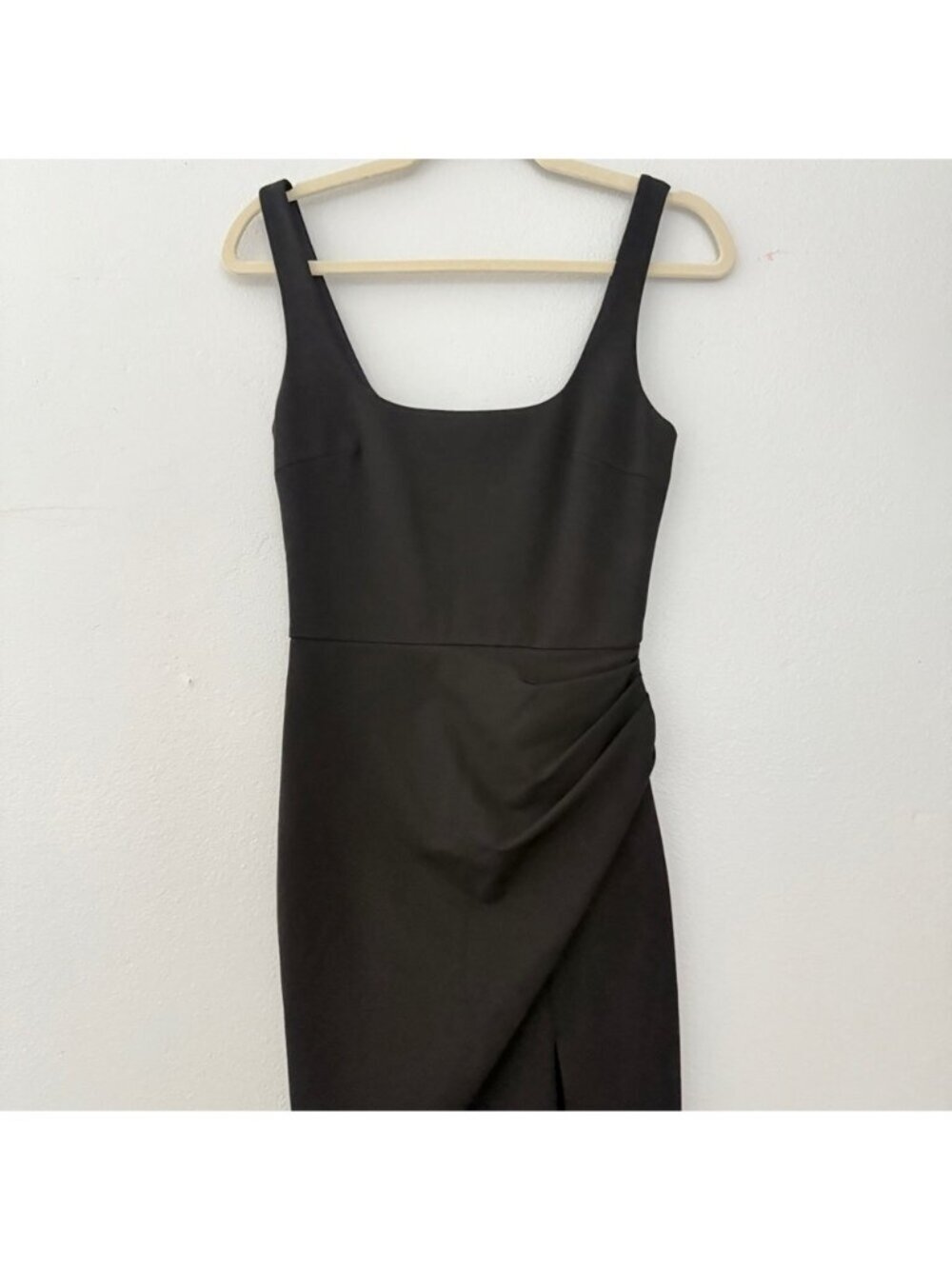 CUSHNIE Black Square Neck Ruched Side Slit Dress sz 0 - Picture 6 of 16